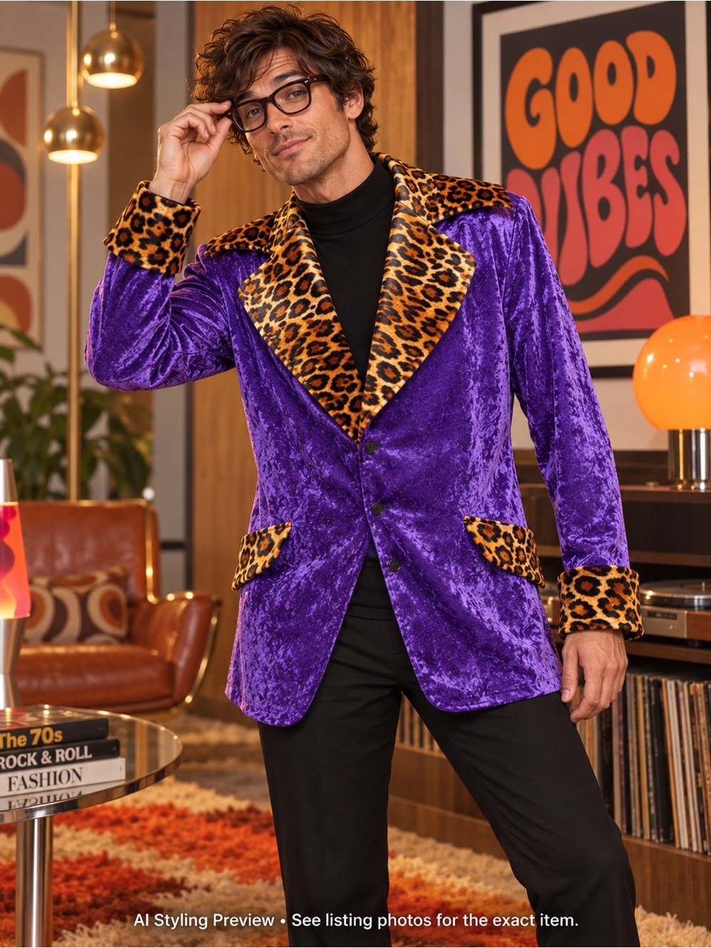 California Costumes Purple Velvet Leopard Jacket Men L 70s Glam Rock Halloween